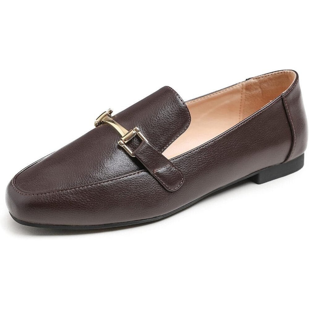 Feversole Women's Bar Trim Brown Grain Pu Round Toe Synthetic Crochet Flats